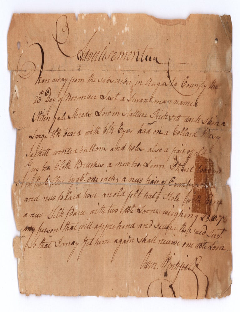 Item #10058 Advertisement [Manuscript runaway servant notice]. Owen Winnfield?