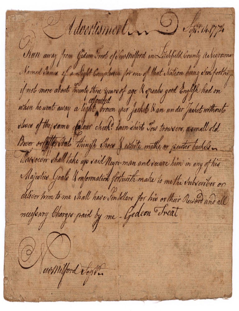 Item #10059 [Maunscript runaway slave advertisement.]. Gideon Treat.