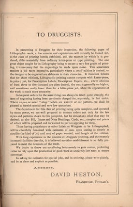 Heston’s Lithographic Specimens of Druggists’ Printing From the U. S. Label Printing Establishment David Heston, Proprietor.