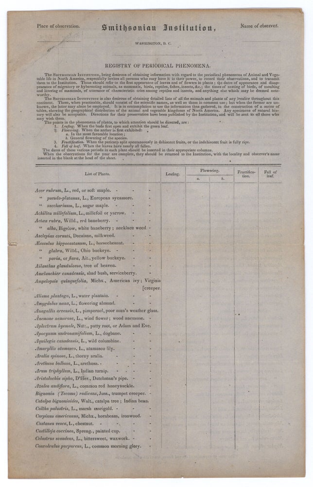 Item #10168 Smithsonian Institution, Washington, D. C. Registry of Periodical Phenomena. Spencer Fullerton Baird.