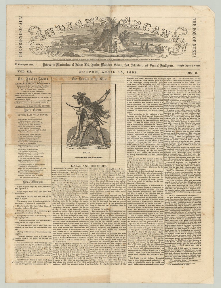 Item #10191 Indian&rsquo;s Arcana. Devoted to Illustrations of Indian Life, Indian Medicines, Science, Art, Literature, and General Intelligence. Rev. George C. Bancroft.