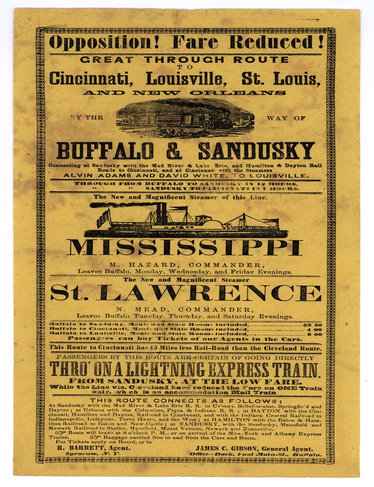Item #10217 Opposition! Fare Reduced! Great Through Route to Cincinnati, Louisville, St. Louis and New Orleans by the Way of Buffalo & Sandusky.