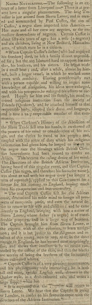 Item #10484 “Negro Navigators” in The Edinburgh Evening Courant. PAUL CUFFEE.