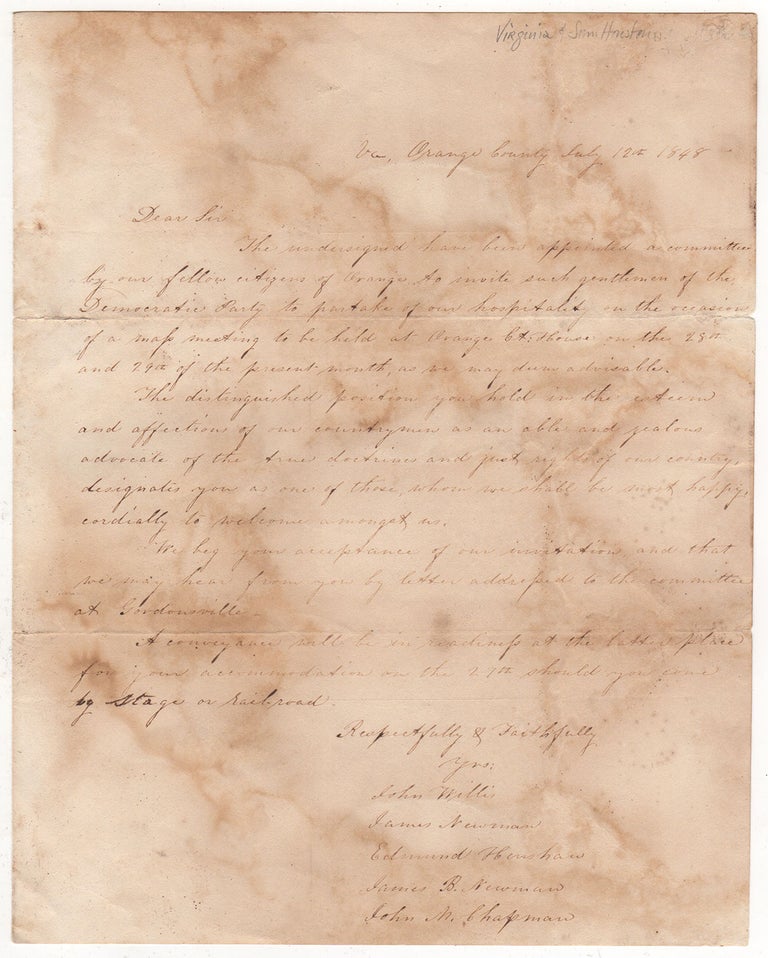 Item #2806 [Letter of Invitation to Sam Houston]. John Willis.