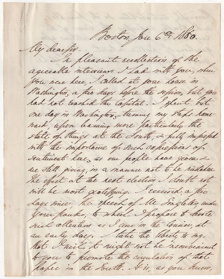 Item #2905 [Sympathetic letter written to Jefferson Davis while he was serving as a senator on the eve of the Civil War]. George Lunt.