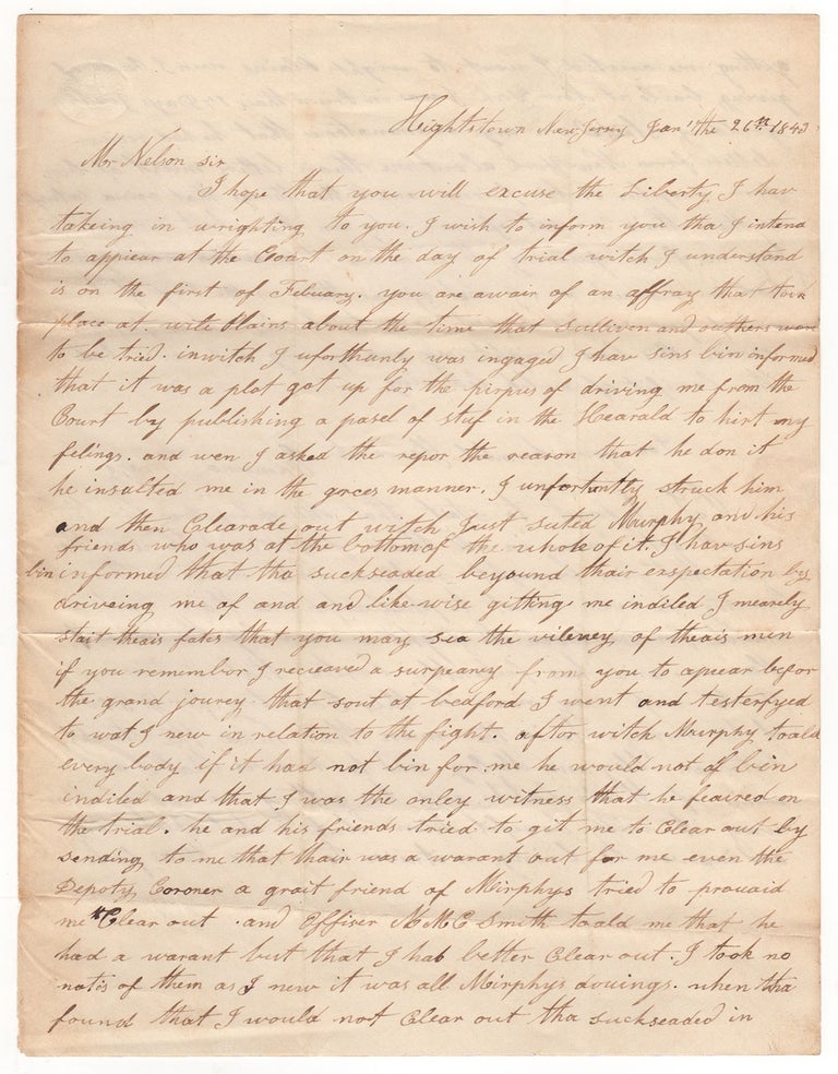 Item #2924 Letter from a Key Witness in the 1842 Trial of James “Yankee” Sullivan famed Bare-Knuckle Fighter and California Ballot Box Stuffer. Edmund Spragg.