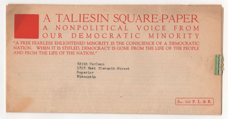 Item #2929 A Taliesin Square Paper: Square Paper Number 6, Usonia, Usonia South and New England, Declaration of Independence... 1941. Frank Lloyd Wright.