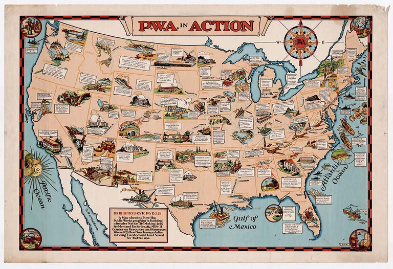 Item #3070 P.W.A. In Action...Off Relief Rolls On To Pay Rolls. A map showing how the Public Works program is building a greater nation, making jobs for men and factories, how it conserves resources and harnesses rivers, how finer transportation is being created and land saved for better use.