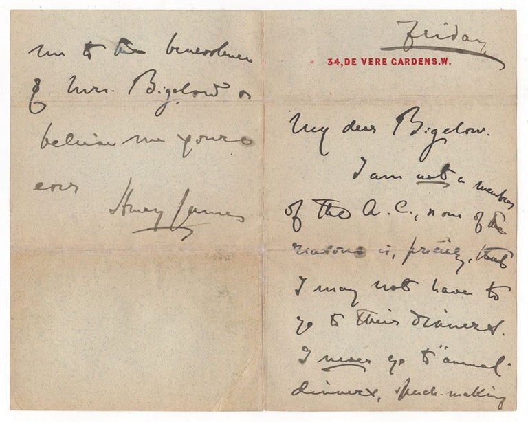 Item #3136 Autograph letter signed “Henry James.”. Henry James.