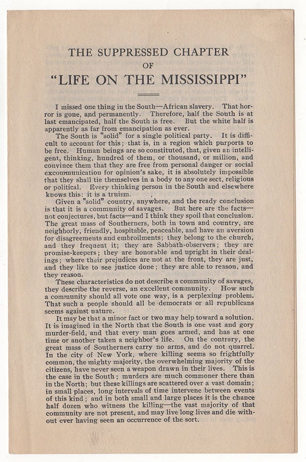 Item #3290 The Suppressed Chapter of “Life on the Mississippi.”. Mark Twain, Samuel Langhorne Clemens.