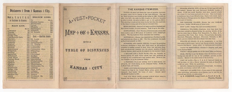 Item #3334 A Vest Pocket Map of Kansas, With a Table of Distances From Kansas City [cover title]. Topeka Atchison, Santa Fe Railroad, A. S. Johnson, Land Commissioner.