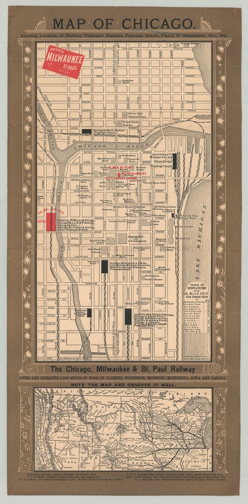 Item #3383 Map of Chicago. Showing Location of Railway Passenger Stations, Principal Hotels, Places of Amusement, Etc., Etc.