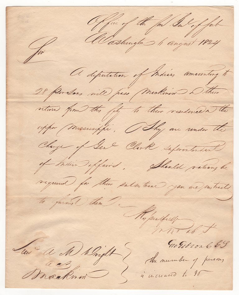 Item #3711 [Letter to Lieutenant A. M. Wright in Mackinac about a Deputation of Indians Led by William Clark]. George Gibson.