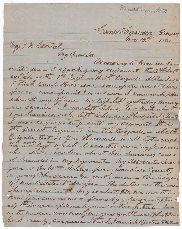 Item #3712 [Manuscript Civil War Letter by a Confederate Assistant Surgeon Attempting to Secure Post as Surgeon in Chief]. Tazewell Howard.