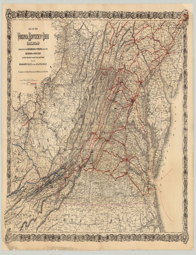 Item #3780 Map of the Virginia, Kentucky and Ohio Railroad Connecting the Railroads of Virginia With the Railroads of Kentucky on the Shortest Route East and West From the Mississippi Valley to the Atlantic Ocean.