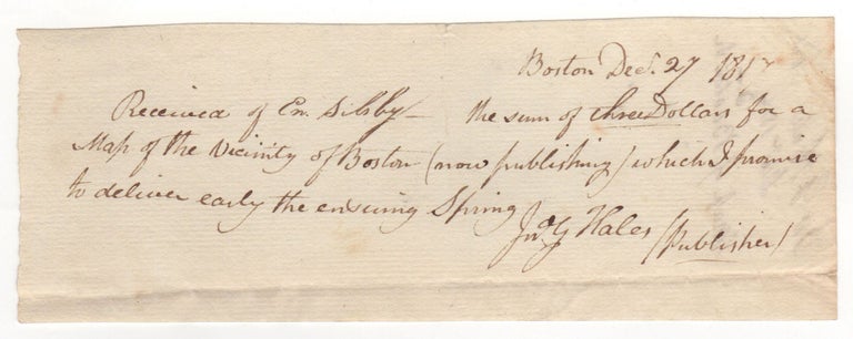 Item #3987 [Manuscript receipt for a copy of his Map of Boston and Vicinity.]. John G. Hales.