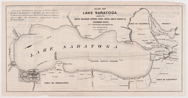 Item #4231 Map of Lake Saratoga Showing White Sulphur Spring Park Hotel, Bath House & Steamboat Route. I. H. Cramer, surveyor.