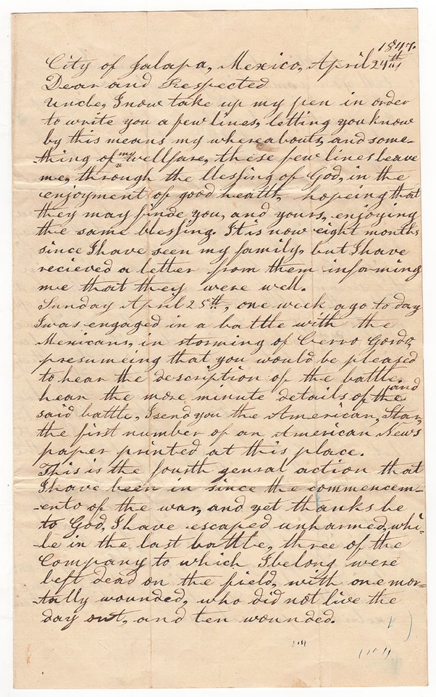 Item #4593 [Mexican War soldier’s letter on the Battle of Cerro Gordo.]. William Dorrance, J.