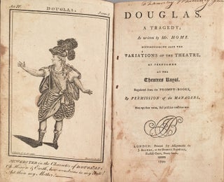 [Sammelband including:] Home, [John].Douglas. A Tragedy. As written by Mr. Home. Distinguishing Also The Variations of the Theatre, As Performed At The Theatres Royal. Regulated from the Prompt-Books, by Permission of the Managers. Non ego fum vates, fed prifcius confcius aevi. London: Printed (by Assignment) for J. Barker, at the Dramatic Repository, Russell Court, Drury-Lane, 1794. Engraved frontis., [1–3], 4–47 pp. [1 p. of ads]. [Bound with] Rowe, Nicholas. The Fair Penitent A Tragedy; Of Five Acts…Marked with the Variations in the Manager’s Book, at the Theatre Royal in Drury-Lane. London: Printed for W. Lowndes, J. Nichols, S. Bladon, and W. Nicoll. MDCCXC. Engraved frontis., [1–5], 6–55 pp. [1 p. of ads]. [Bound with] Brooke, Henry. Bell’s Edition. Gustavus Vasa, the Deliverer of his Country. A Tragedy…As Intended to Have Been Performed at the Theatre Royal in Drury-Lane. London: Printed for John Bell, near Exeter-Exchange, in the Strand. MDCCLXXVJII. [1–2], 3–72 pp. [Bound with] [Sheriden, Brindley]. The School for Scandal, A Comedy; As it is Performed At the Theatre Royal, Drury-Lane. London: Printed for E. Powell, Great Piazza, Covent-Garden. 1798. [1–3], 4–70, [71–72], pp. [Bound with] Morton, Thomas. Secrets Worth Knowing: A Comedy, In Five Acts. As Performed At the Theatre Royal, Covent Garden…London, Printed: New-York: Re-printed by J. Buel, No. 2 Cedar-Street. 1799. [1–5], 6-48 pp.