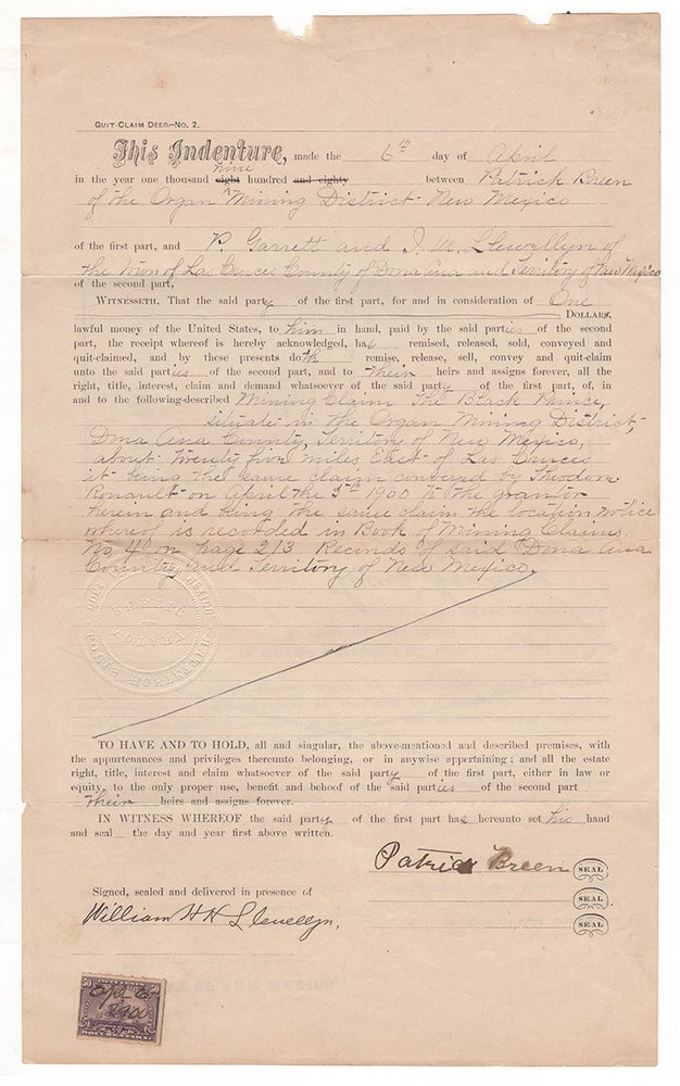 Item #4615 No. 2. Quit-Claim Deed. From Patrick Breen. To P[at] Garrett and L.W. LLewellyn. Patrick Breen, W. H. H. Llewellyn.