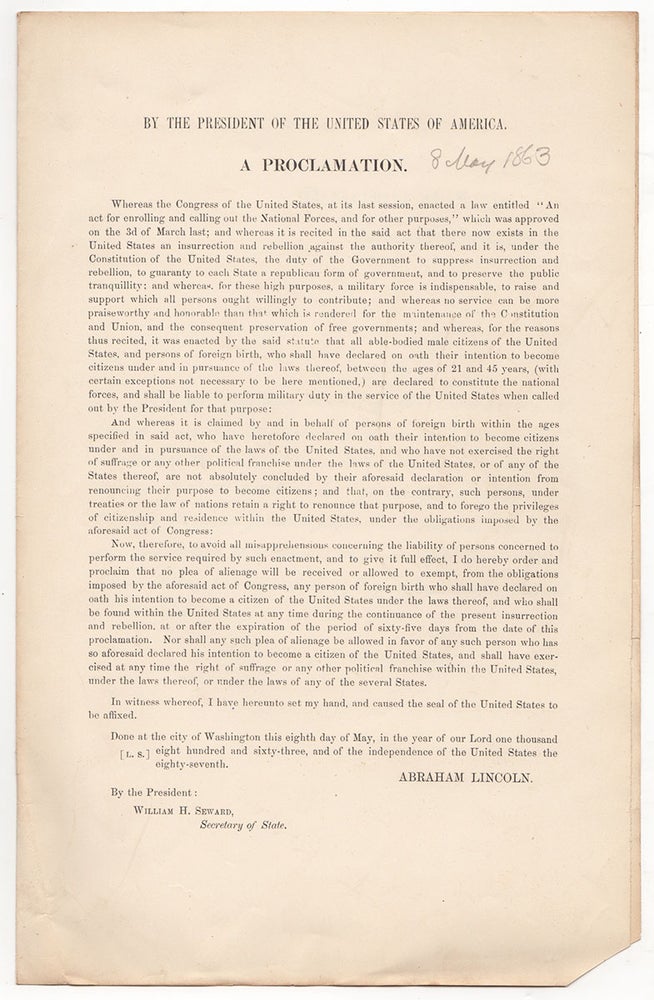 Item #4626 By the President of the United States of America. A Proclamation. [proclamation title] Circular No. 36. Department of State, Washington, 9th May, 1863 [letter of transmittal title]. Abraham Lincoln, William H. Seward.