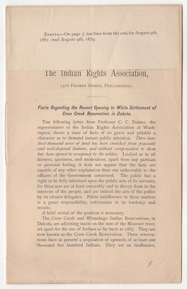 Item #4732 Facts Regarding the Recent Opening to White Settlement of Crow Creek Reservation in Dakota. Indian Rights Association.