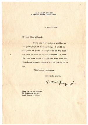 Item #4898 [Typed letter, signed, from Richard Byrd to Ms. Margaret Attwood.]. Richard E. Byrd