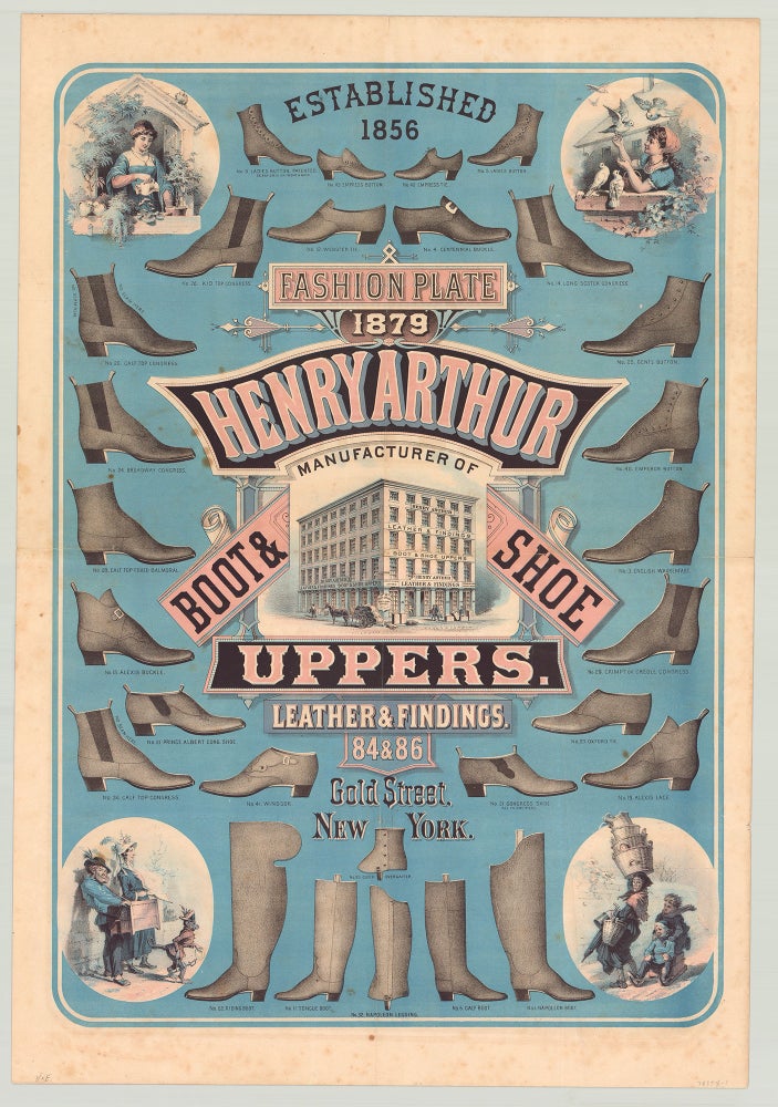 Item #5027 Fashion Plate 1879. Henry Arthur Manufacturer of Boot & Shoe Uppers.  Leather & Findings. 84 & 86 Gold Street, New York. Schumacher, Ettlinger lith., attrib.