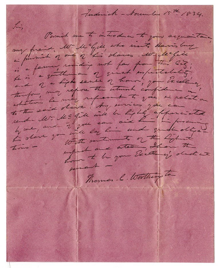 Item #5142 [A letter to the Governor of Pennsylvania in pursuit of a runaway slave.]. Thomas Contee Worthington.