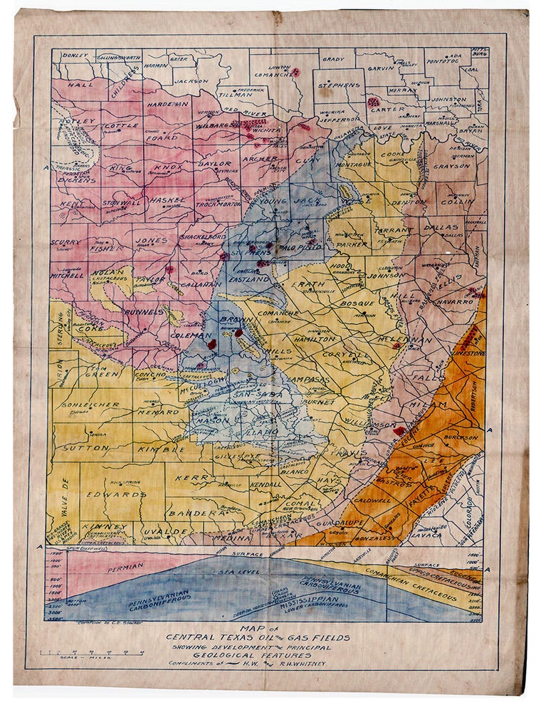 Item #5192 Map of Central Texas Oil and Gas Fields Showing Development and Principal Geological Features Compliments of H.W. and R.H. Whitney. C. E. Stalker, compiler.
