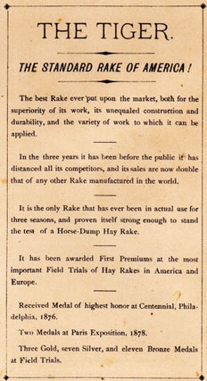 Tiger Self-Operating Sulky Hay Rake. For Sale by G. S. Goodrich, Newburyport, Mass.