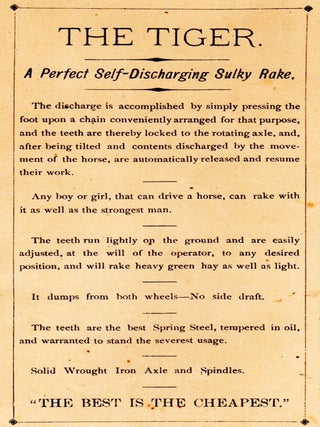 Tiger Self-Operating Sulky Hay Rake. For Sale by G. S. Goodrich, Newburyport, Mass.