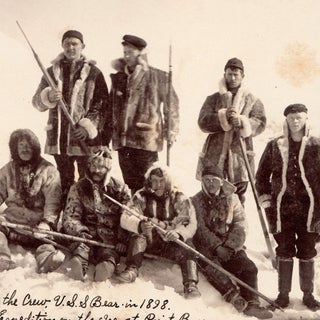 Part of the Crew, U.S.S. Bear in 1898. Relive [sic] Expedition on the Ice, at Point Barrow.