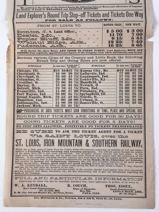 Important to All! Bound For the Happy Lands! Low Rates to Arkansas and Missouri via Saint Louis Over the Popular St. Louis, Iron Mountain & Southern R’y.