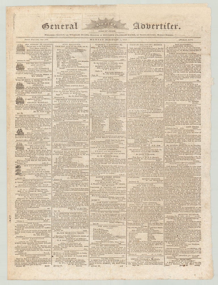 Item #5292 [Jefferson&rsquo;s Letter to the Danbury Baptist Association in the] Aurora General Advertiser. Thomas Jefferson.