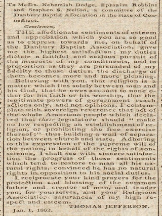 [Jefferson&rsquo;s Letter to the Danbury Baptist Association in the] Aurora General Advertiser.