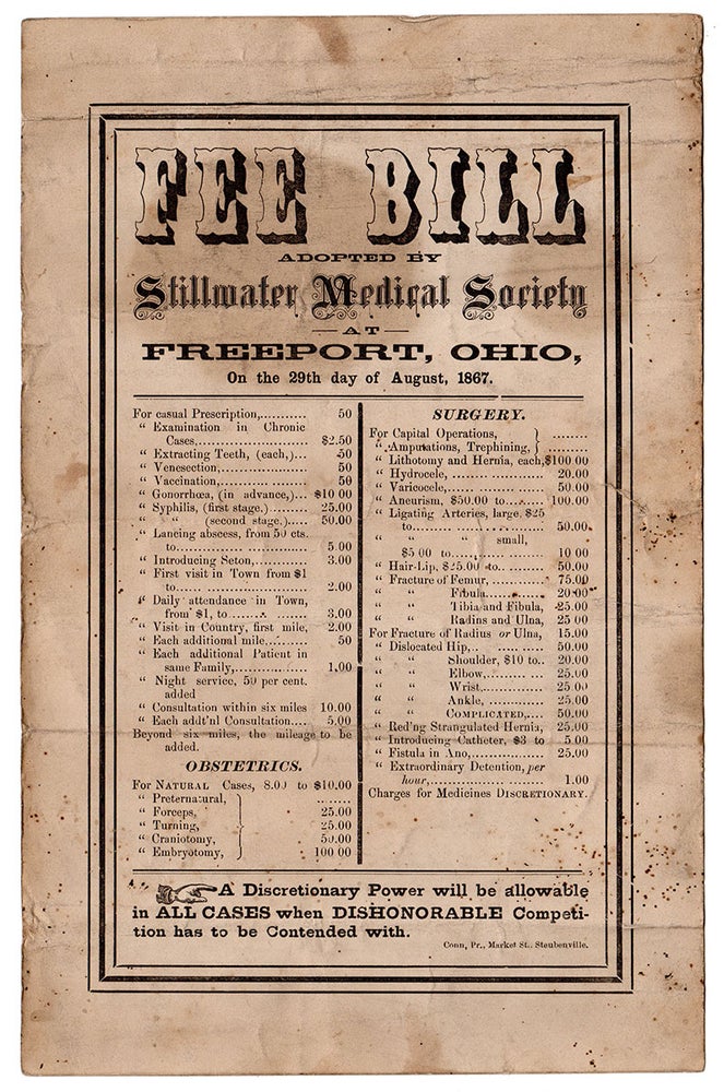 Item #5303 Fee Bill Adopted by Stillwater Medical Society at Freeport, Ohio, On the 29th day of August, 1867. Stillwater Medical Society.