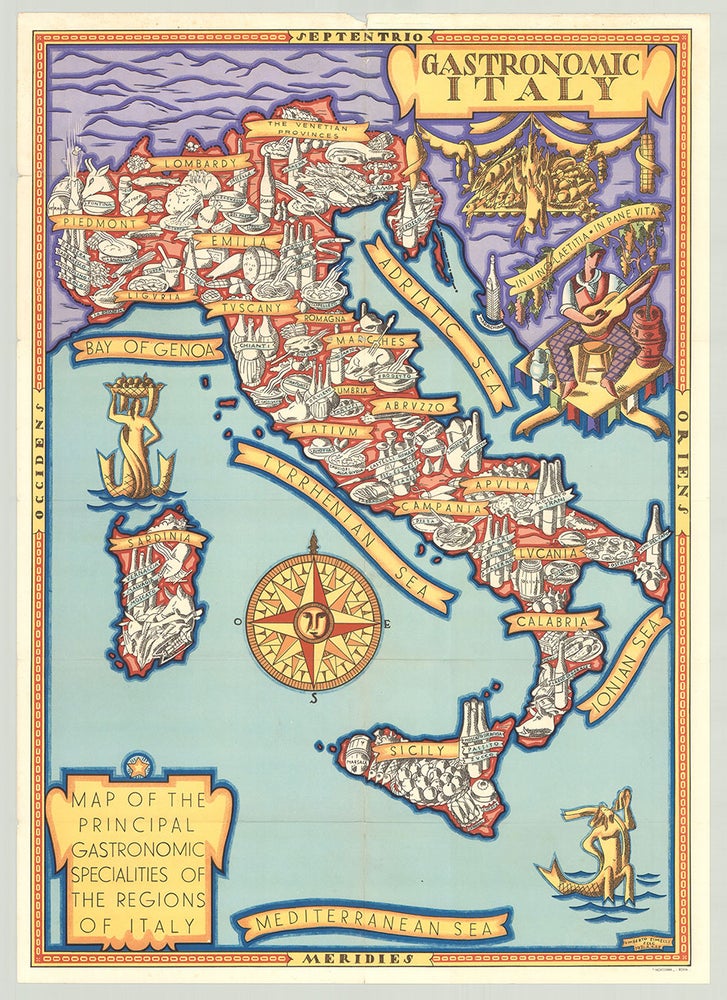 Item #5371 Gastronomic Italy. Map of the Principal Gastronomic Specialties of The Regions of Italy [map-title]. Umberto Zimelli.
