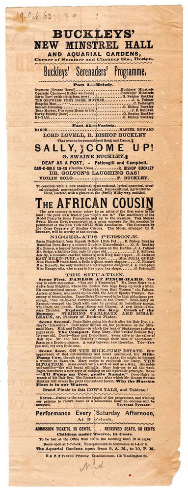 Item #5392 Buckleys’ New Minstrel Hall and Aquarial Gardens, Corner of Summer and Chauncy Str., Boston: Buckelys’ Serenaders’s Program. Buckleys’ Serenaders.