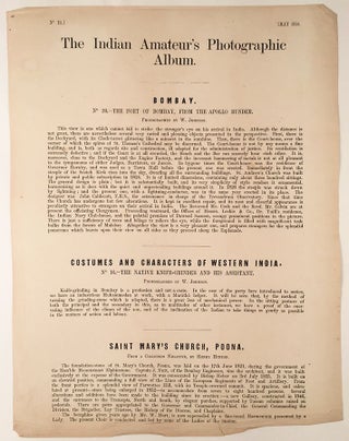 The Indian Amateur’s Photographic Album. Published Monthly, under the Patronage of the Bombay Photographic Society... Sold at the Photographic Depôt and Portrait Rooms, Fort, Bombay.