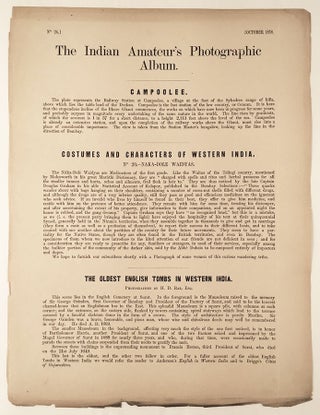 The Indian Amateur’s Photographic Album. Published Monthly, under the Patronage of the Bombay Photographic Society... Sold at the Photographic Depôt and Portrait Rooms, Fort, Bombay.