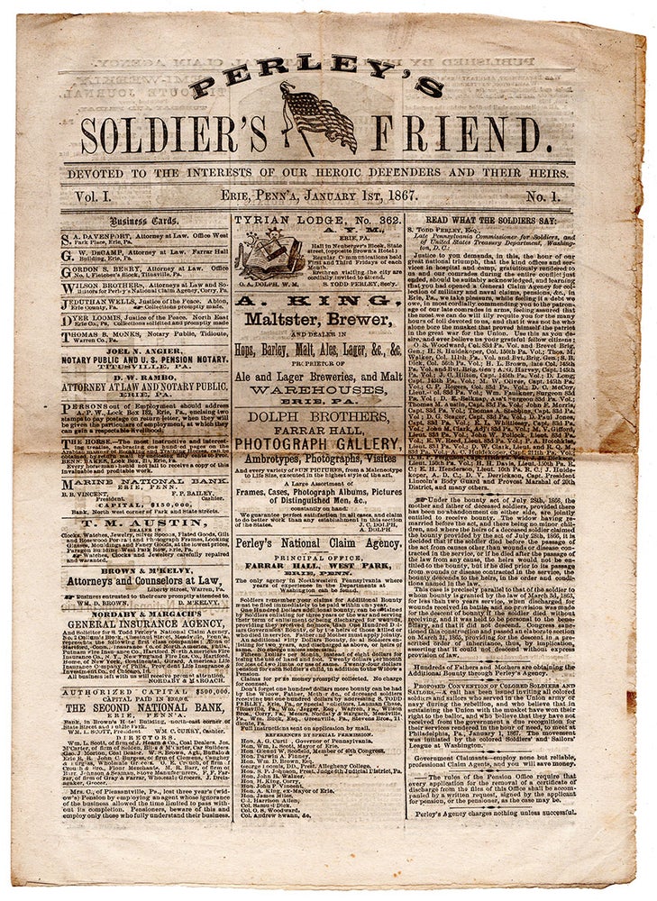 Item #5499 Perley’s Soldier’s Friend. Devoted to the Interests of our Heroic Defenders and their Hiers. Vol. I. No. 1. Perley’s National Claim Agency.