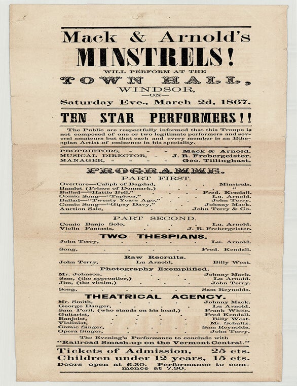 Item #5568 Mack & Arnold’s Minstrels! Will Perform at the Town Hall, Windsor, on Saturday Eve., March 2d, 1867. Mack, Arnold.