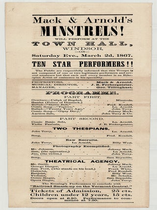 Item #5568 Mack & Arnold’s Minstrels! Will Perform at the Town Hall, Windsor, on Saturday Eve.,...
