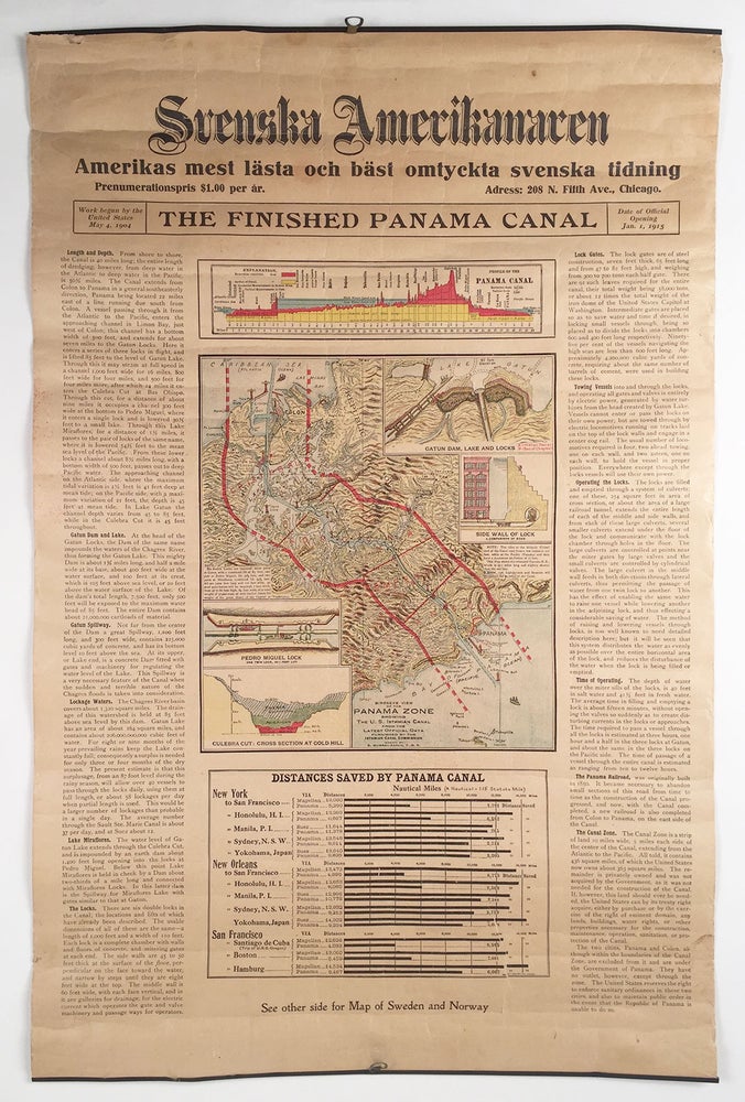 Item #5605 The Finished Panama Canal. Svenska Amerikanaren. Amerikas mest lästa och bäst omtyckta svenska tidning [“America’s most read and best-liked Swedish newspaper”]. Birdseye View of the Panama Zone Showing the U.S. Isthmian Canal from the Latest Official Date Furnished by the Isthmian Canal Commission [map-title]. E. Murray-Aaron, del.