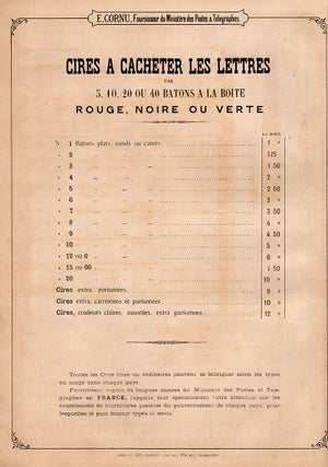 Cires á Cacheter, Goudrons pour Bouteilles, Méches Soufrées, Encres. Edouard Cornu, Fournisseur du Ministère des Postes & Télégraphes.