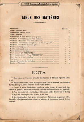 Cires á Cacheter, Goudrons pour Bouteilles, Méches Soufrées, Encres. Edouard Cornu, Fournisseur du Ministère des Postes & Télégraphes.