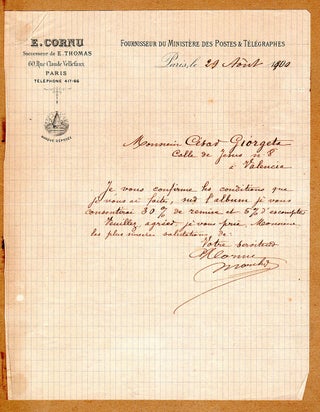 Cires á Cacheter, Goudrons pour Bouteilles, Méches Soufrées, Encres. Edouard Cornu, Fournisseur du Ministère des Postes & Télégraphes.