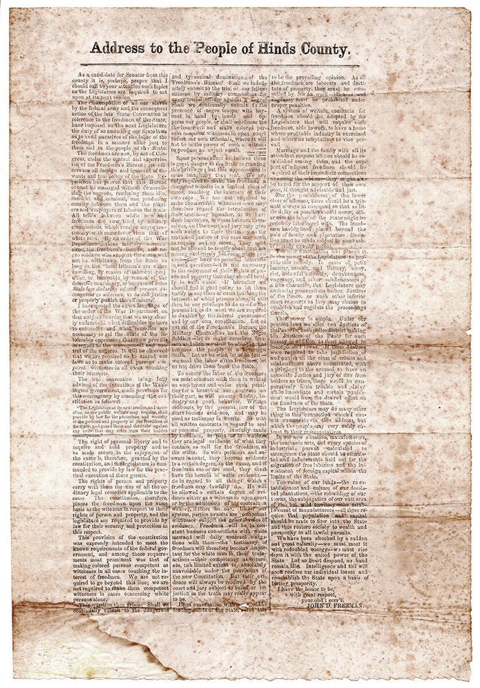 Item #5749 Address to the People of Hinds County. John D. Freeman.