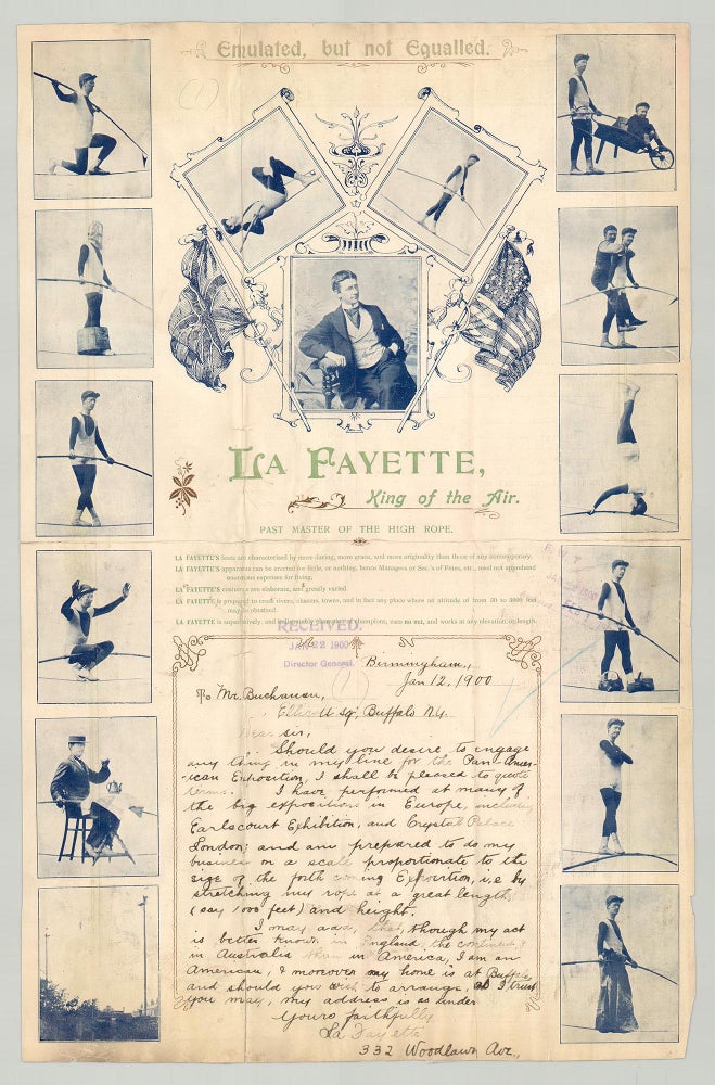 Item #5775 Emulated, But Not Equaled. La Fayette, King of the Air. [Autograph letter on a tightrope walker’s pictorial letterhead-broadsheet]. La Fayette.